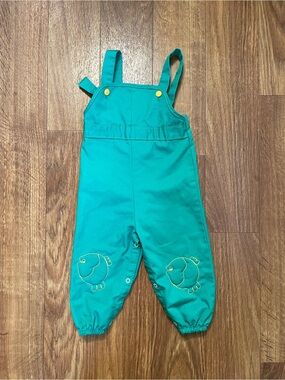 Vintage 70s Sears Baby Overalls 12-18 Months Green Fish USA Infant Snap Romper